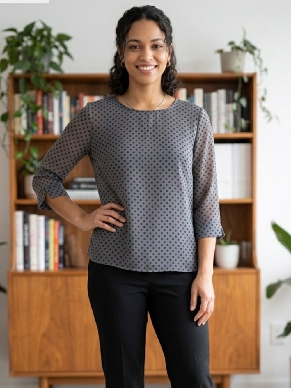 LOFT Polka Dot Blouse XS Women 1/4 Sleeve Black White Lightweight Top